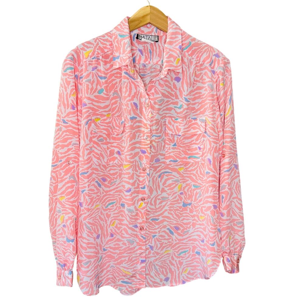 Natalie Vintage Pink Retro Abstract Eclectic Sheer Long Sleeve Button Up Size 16